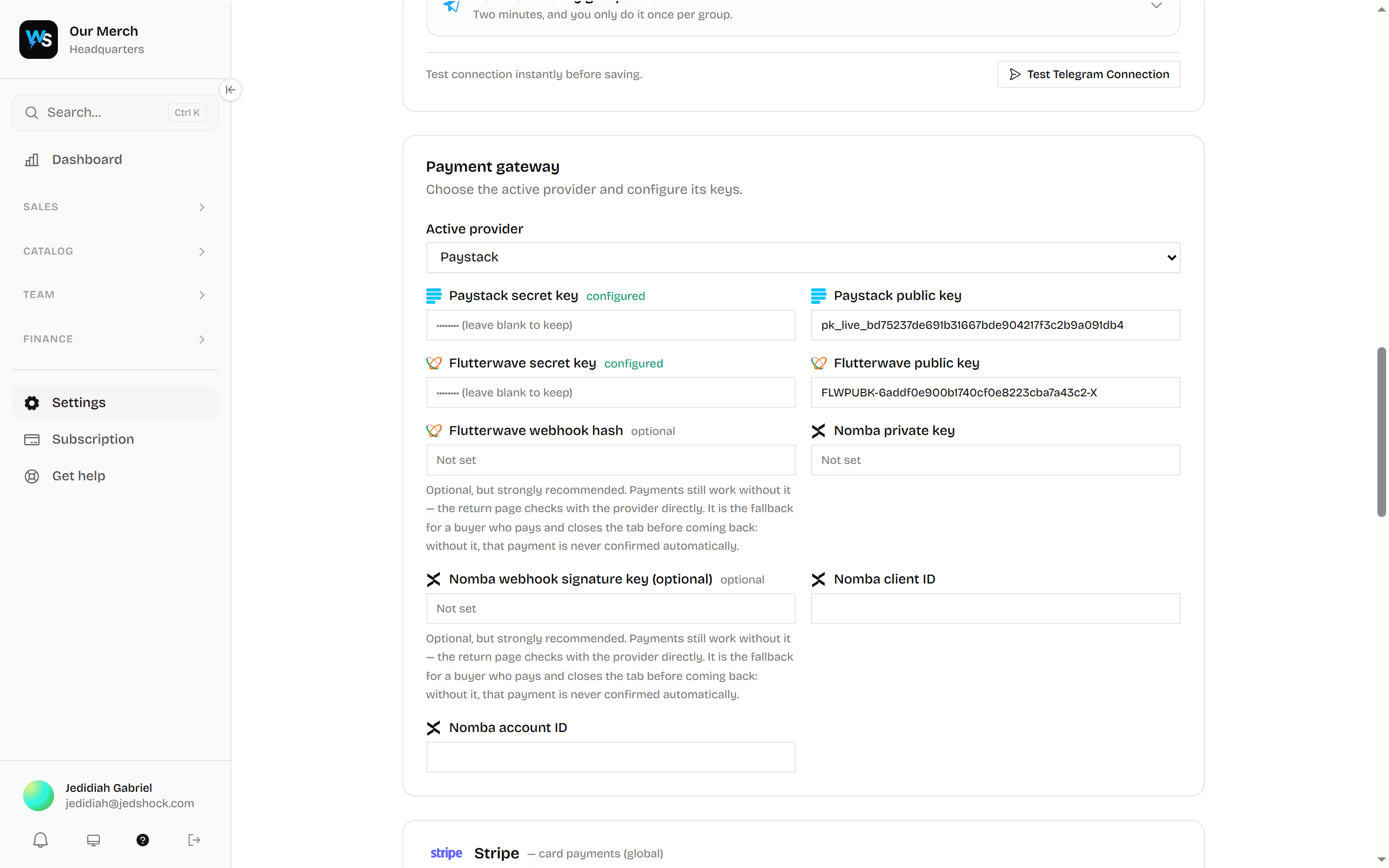 The integrations screen, with sections for the SMS provider, email and payment gateways