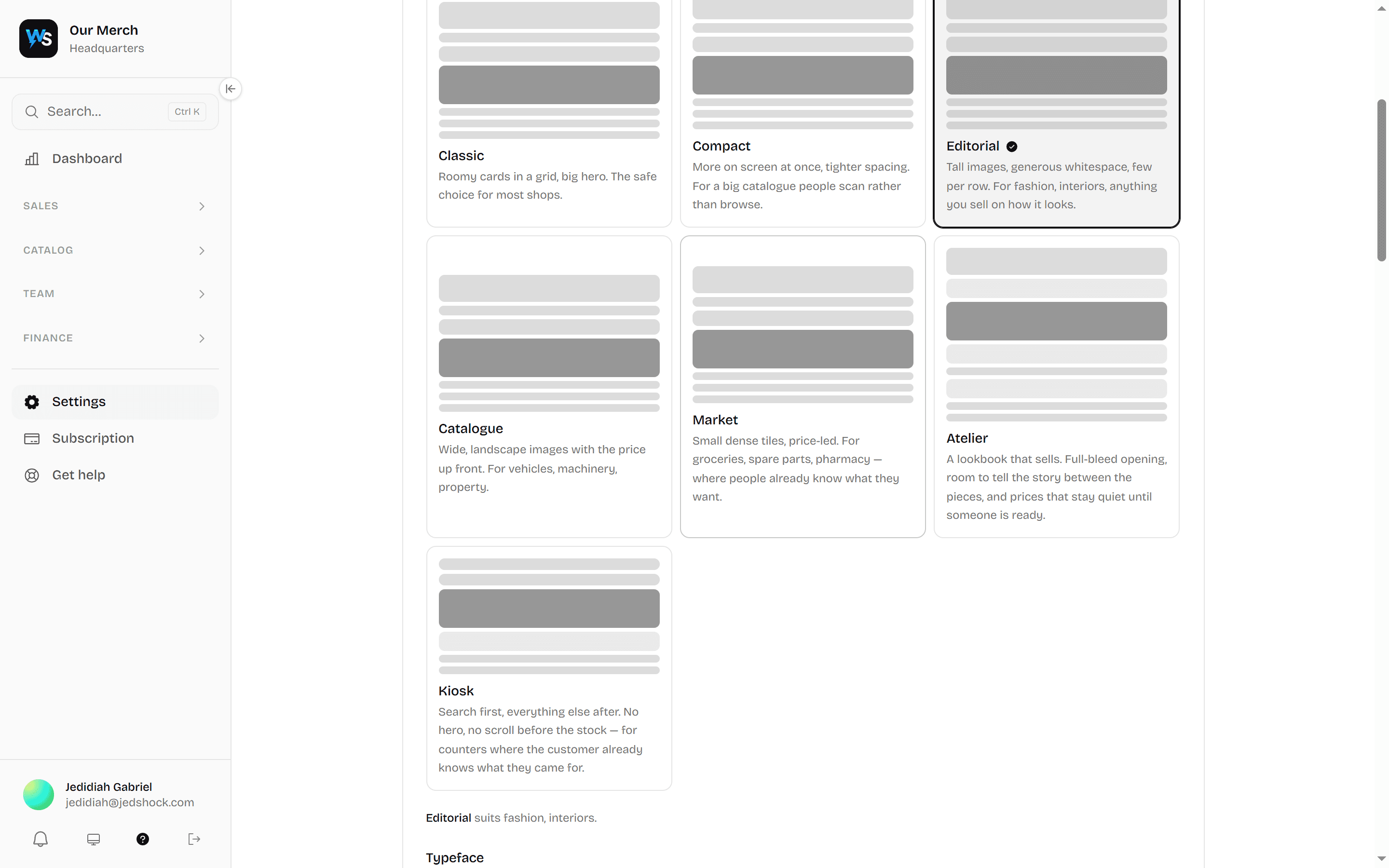 Storefront settings, showing the layout picker, typeface options and brand colours
