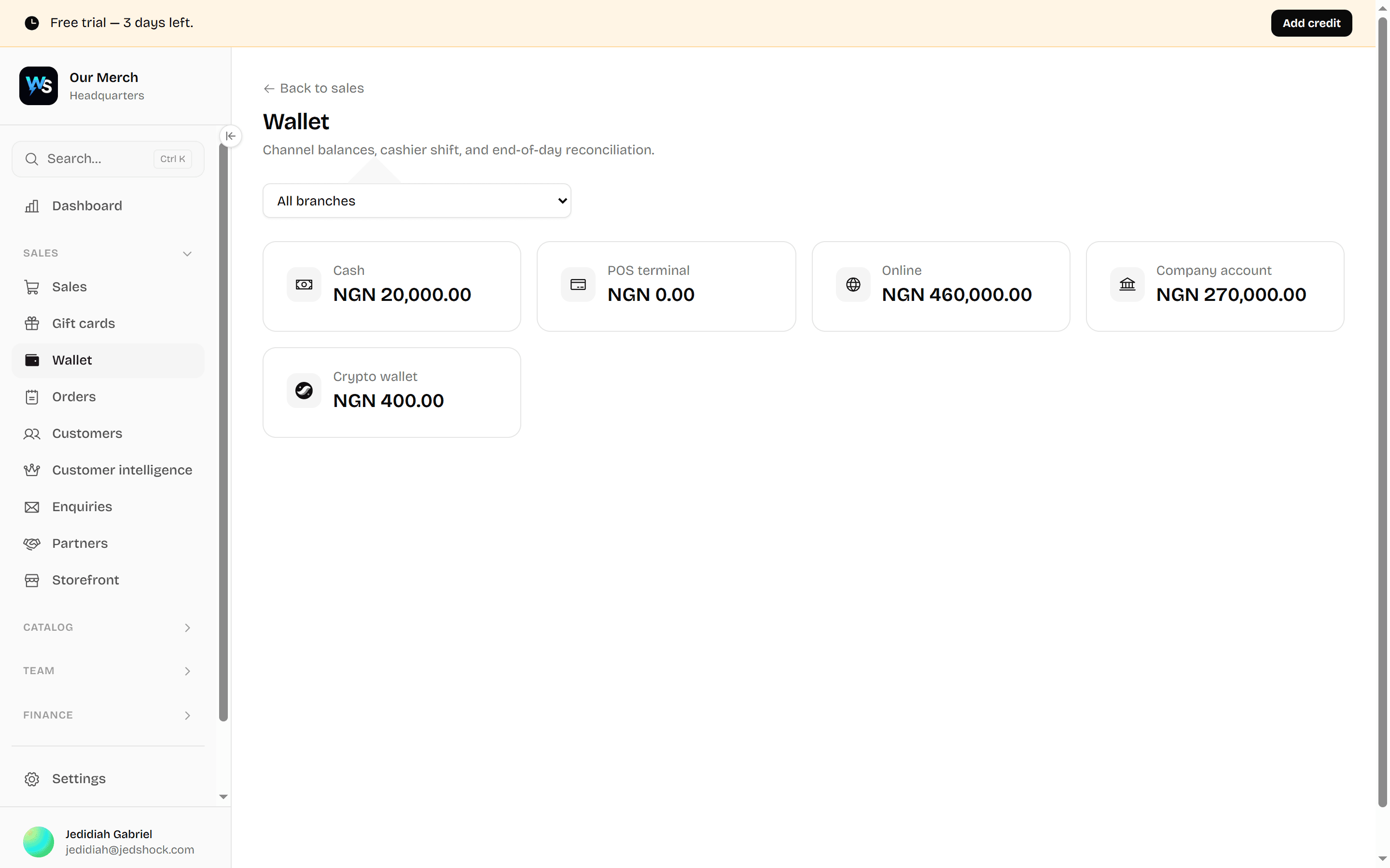 The wallet screen, showing a separate balance for each payment channel